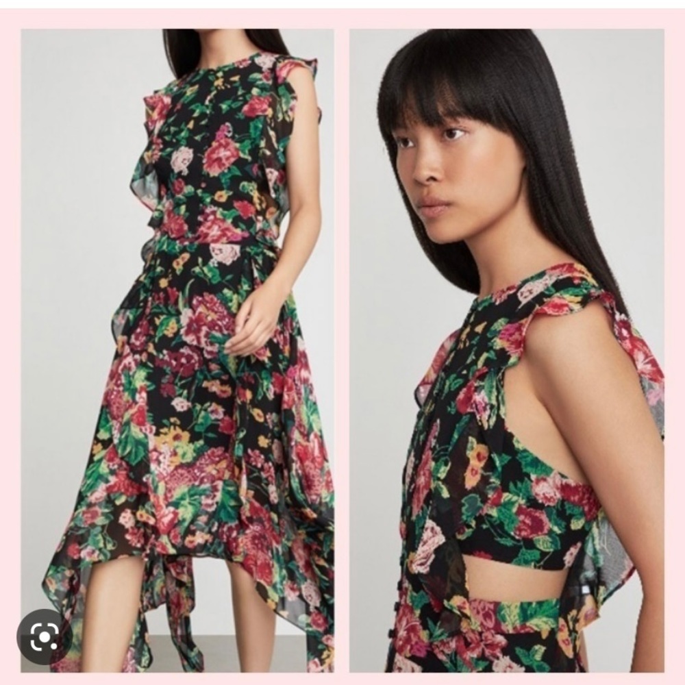 BCBGMaxAzria size 4 black floral sheer dress w/ cute button front detailing.